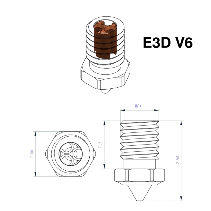 Закаленное сопло Kingroon E3D V6 CHT с медной вставкой (0.2 мм)