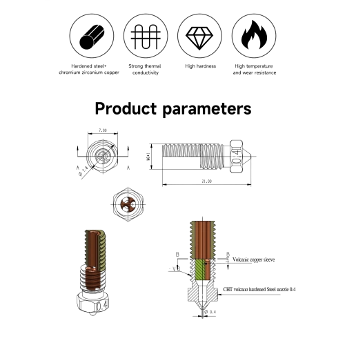 Сопло Kingroon E3D V6 volcano CHT Закаленная сталь с медной вставкой (0.2 мм)
